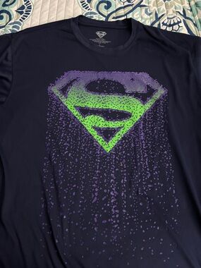 DC Comics Men's Short Sleeve Black Tee with Green and Purple Superman Logo